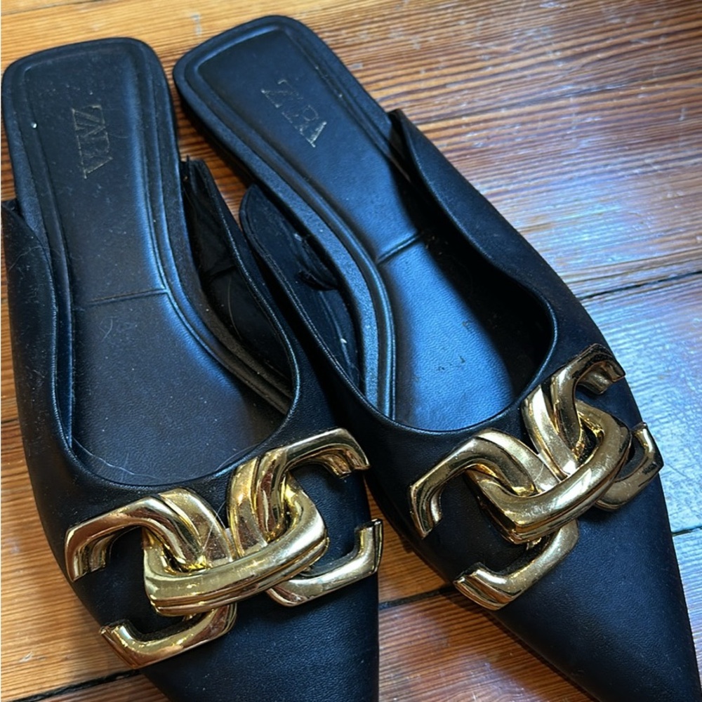 Zara Black and Gold Chain-Link Mules